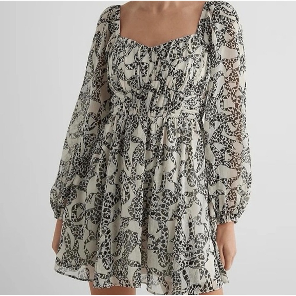 Express Long‎ Sleeve Bow Pattern Fit & Fare Mini Lined Dress Women's Sz XL